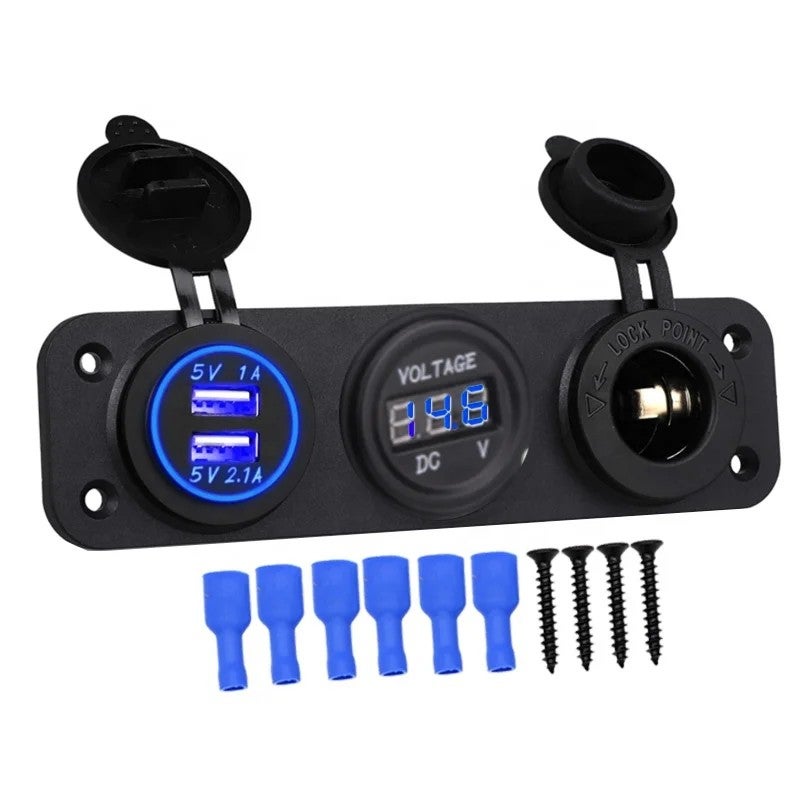 Bluejw 3-in-1 Car Charger Socket Panel: 12V Dual USB Power Outlet, Digital Voltmeter & Cigarette Lighter Adapter for Automobiles - Image 2